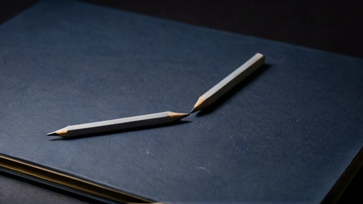 Two graphite pencils lying across the cover of a closed dark navy notebook.
