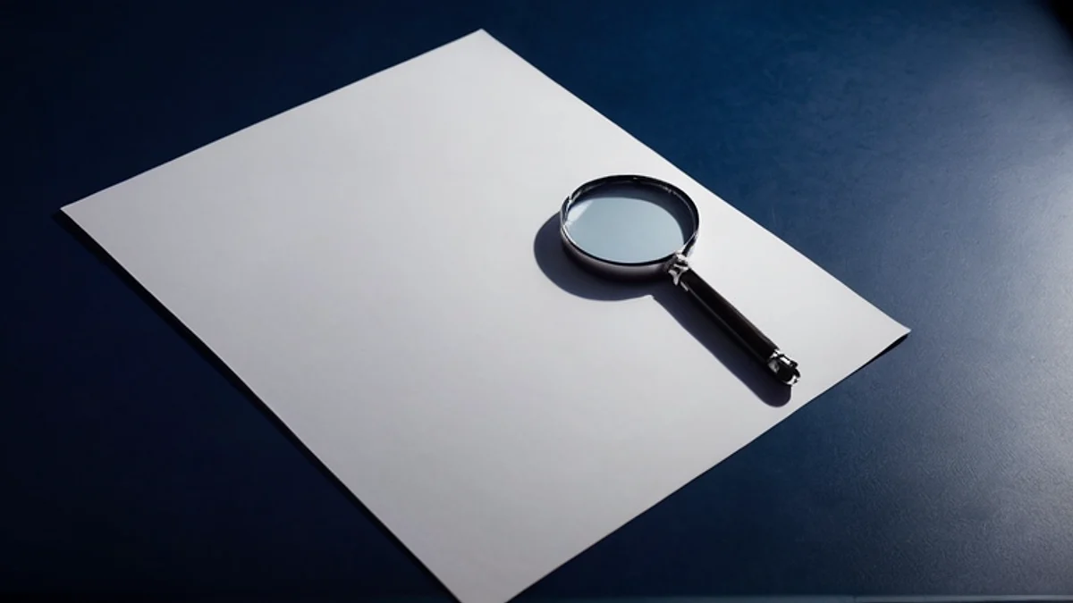 A round magnifying glass lying on a blank sheet of paper against a dark navy ground.