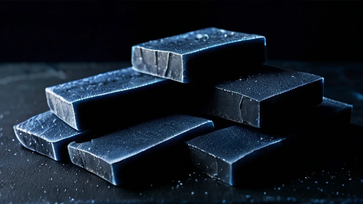 Frosted blue-grey cold packs stacked on dark slate, ice crystals on their surface.