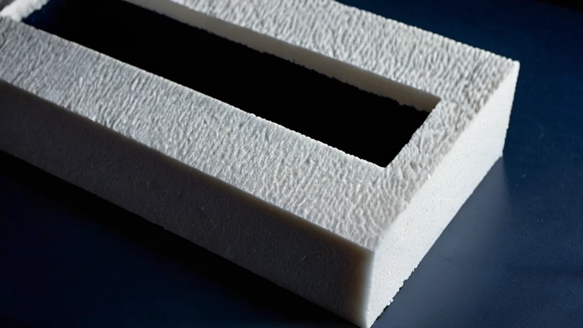 A white foam insulation block cut open on a dark blue surface.