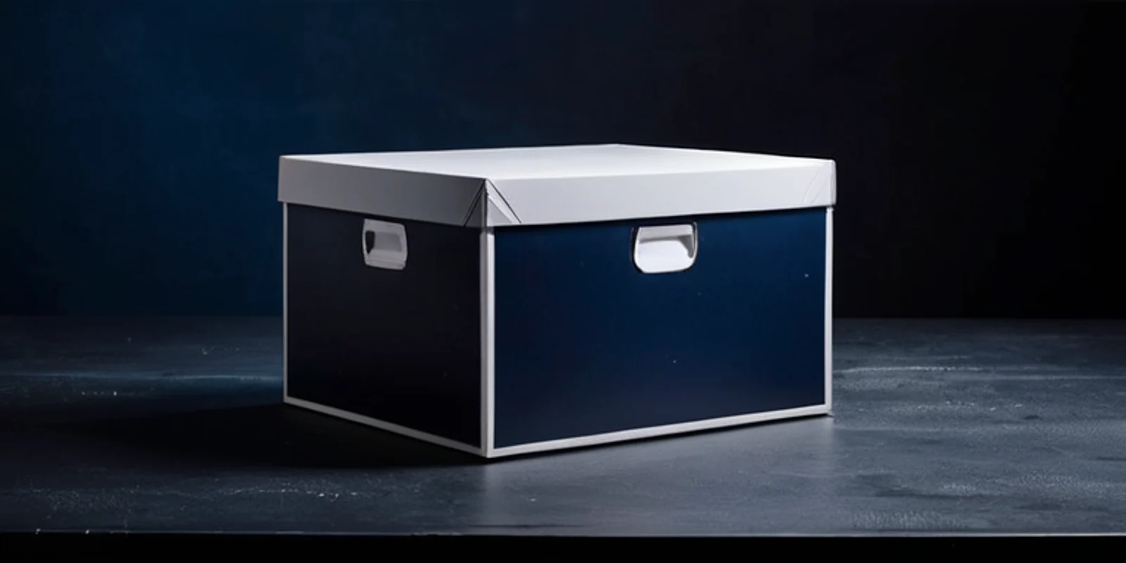 Una caja de envío azul marino con tapa blanca sobre una superficie de acero oscuro.