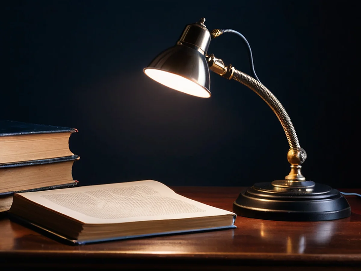 Una lámpara de escritorio de latón que ilumina un libro abierto y una pequeña pila de libros sobre un escritorio de madera oscura, contra una pared azul marino.