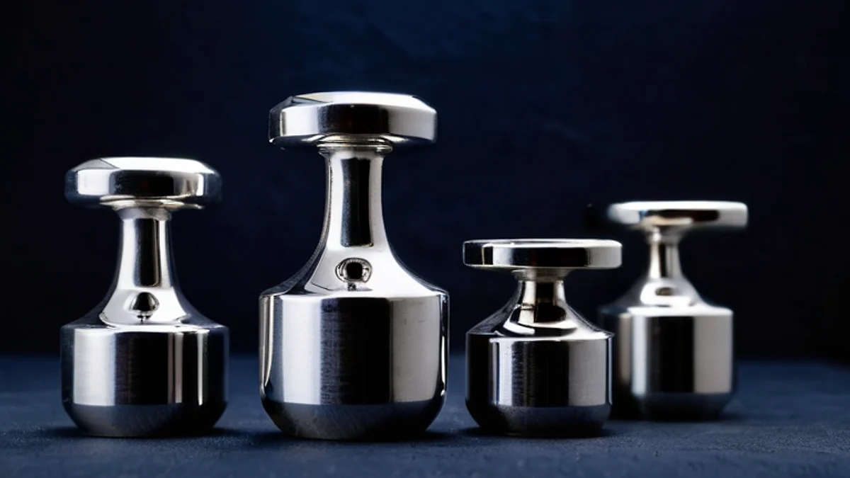 A row of polished steel calibration weights on dark felt.
