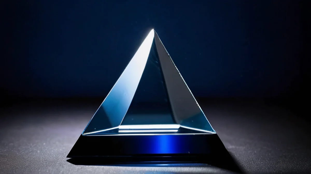 A glass pyramid prism on a dark surface, lit blue from below.