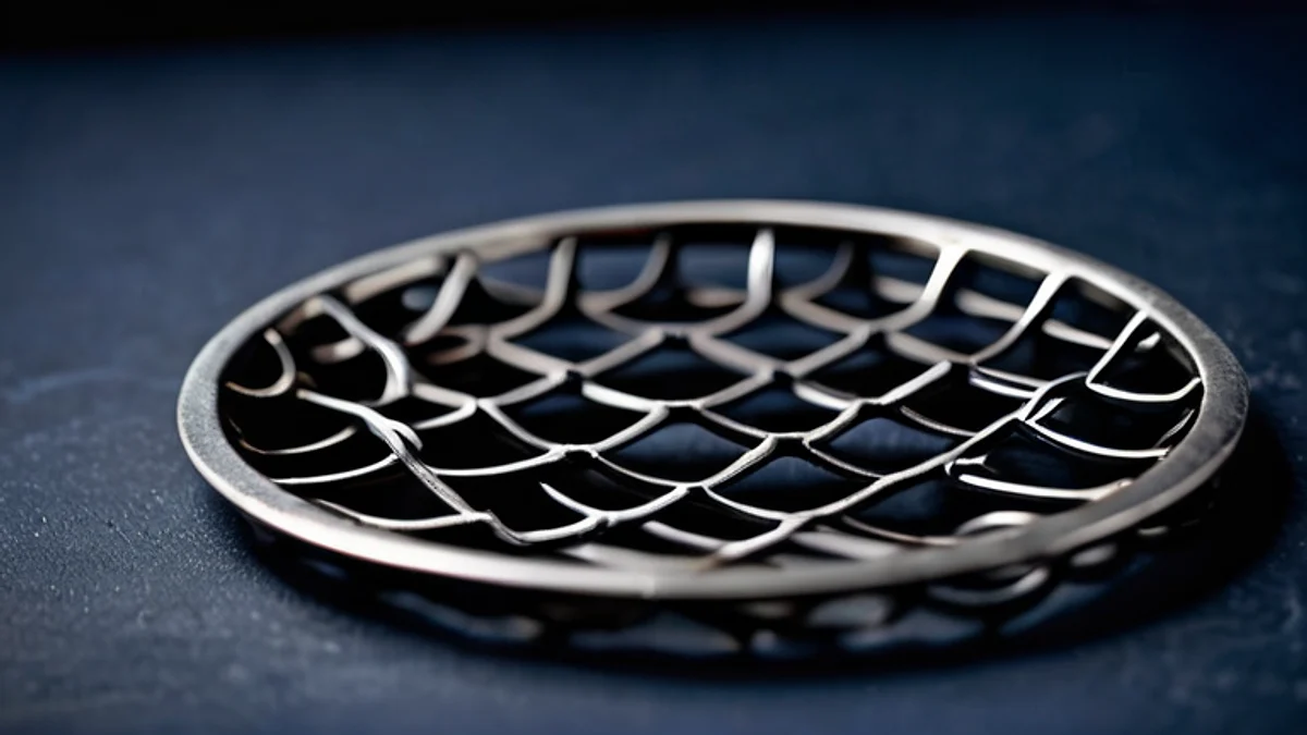 A shallow steel dish with an open lattice base on dark stone.