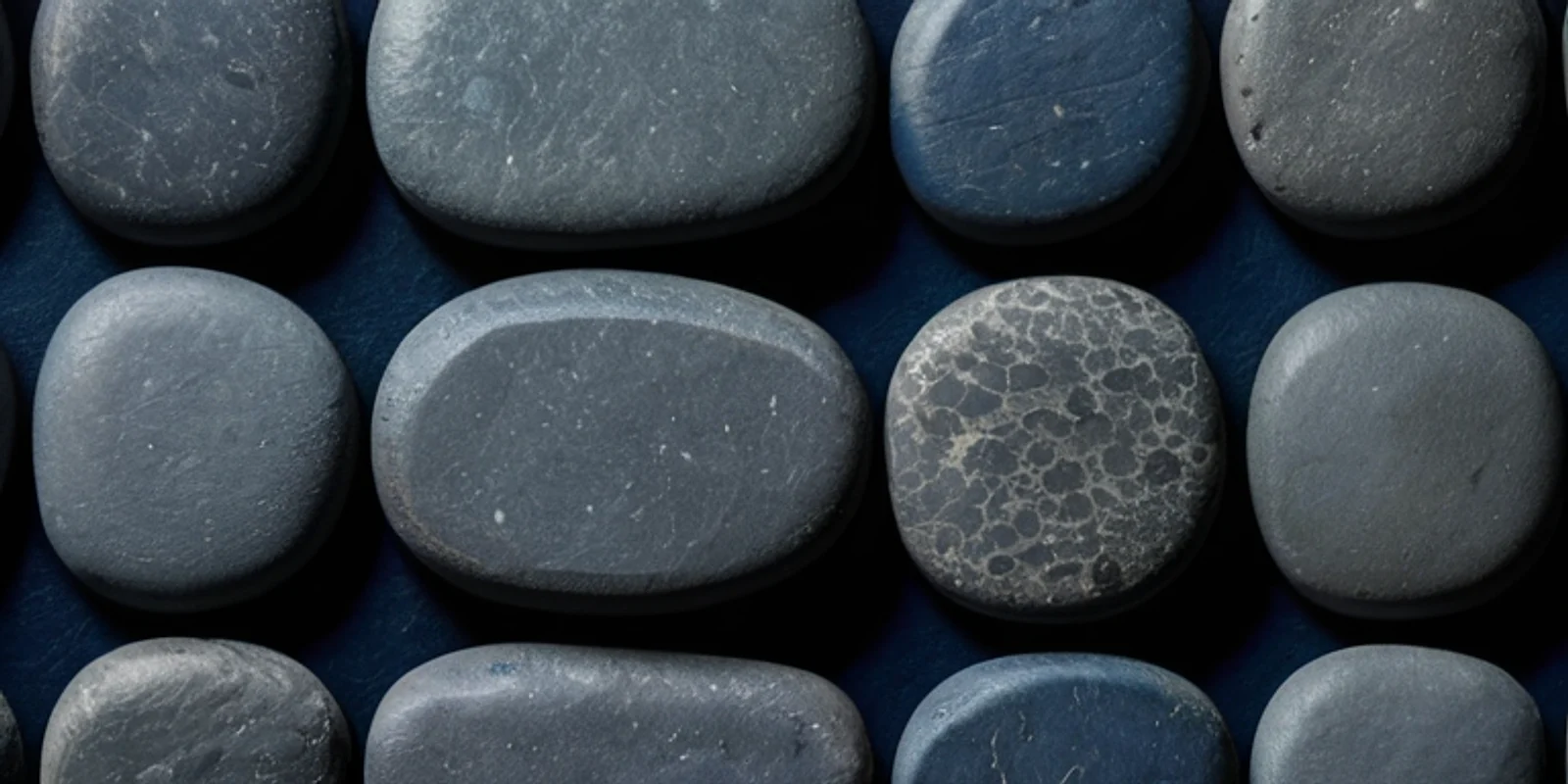 Hileras de pequeñas piedras de río lisas dispuestas en cuadrícula sobre pizarra oscura, cada una ligeramente distinta.