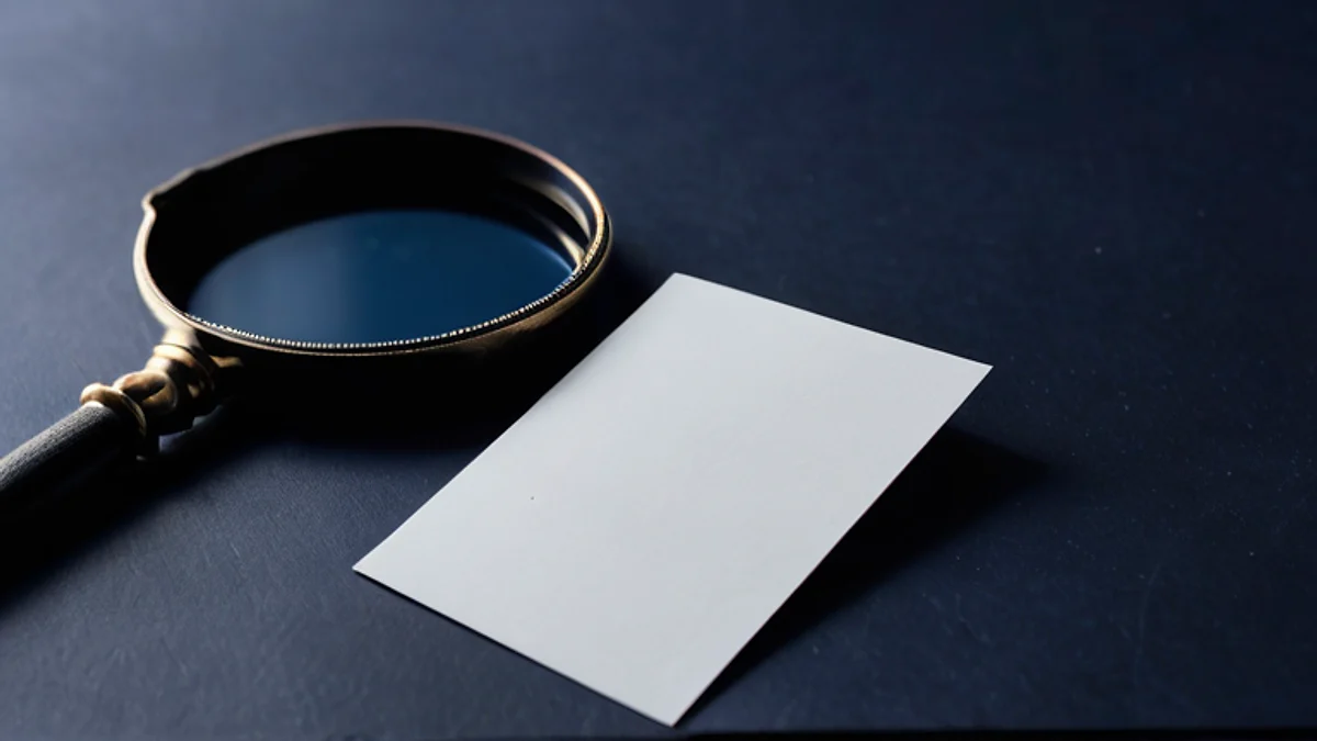 A round magnifying glass beside a blank white card on a dark navy desk.
