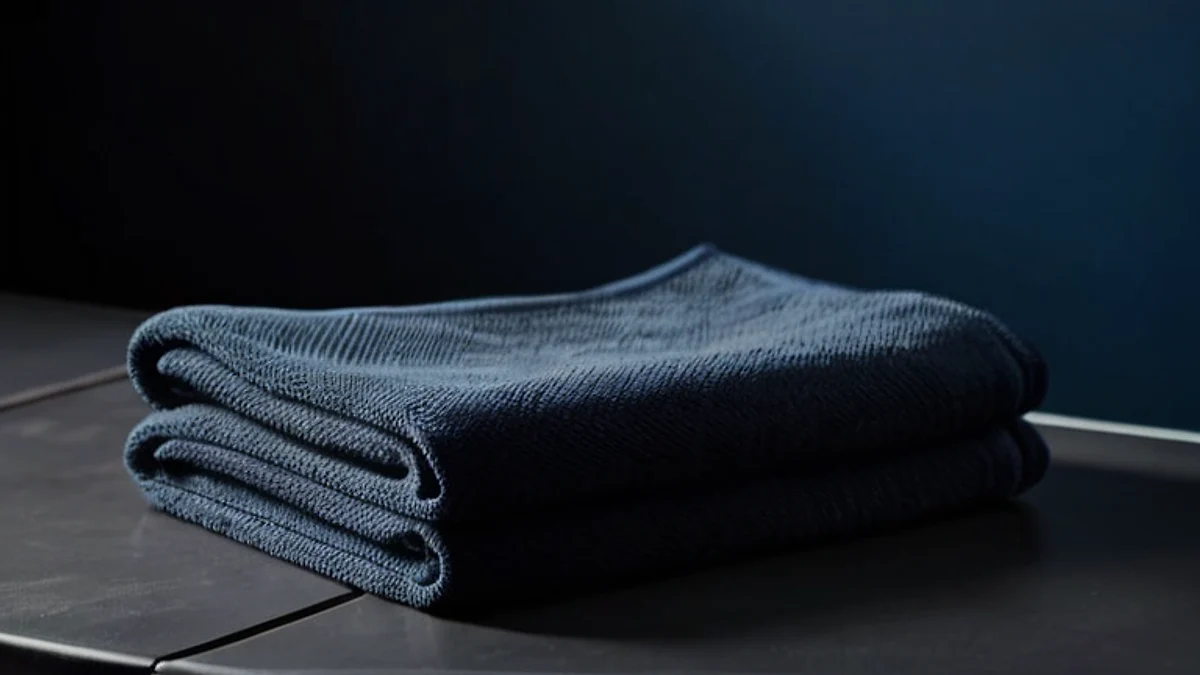 A folded dark grey towel on a dark tiled floor in low light.