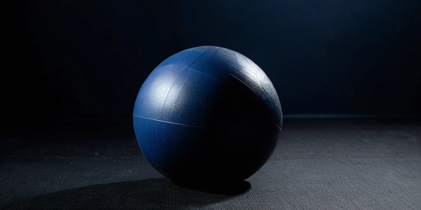 Un balón de ejercicio azul marino y liso sobre un suelo de gimnasio de caucho oscuro, bajo una sola luz cenital.