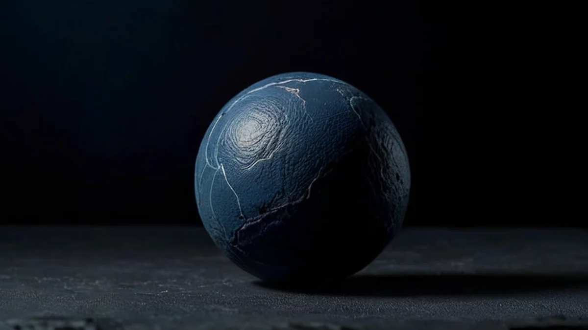 A navy sphere with a fine crackled surface on dark stone, softly lit.