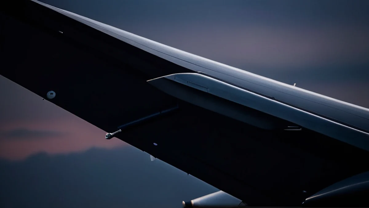 The edge of an aircraft wing against a dark dusk sky.