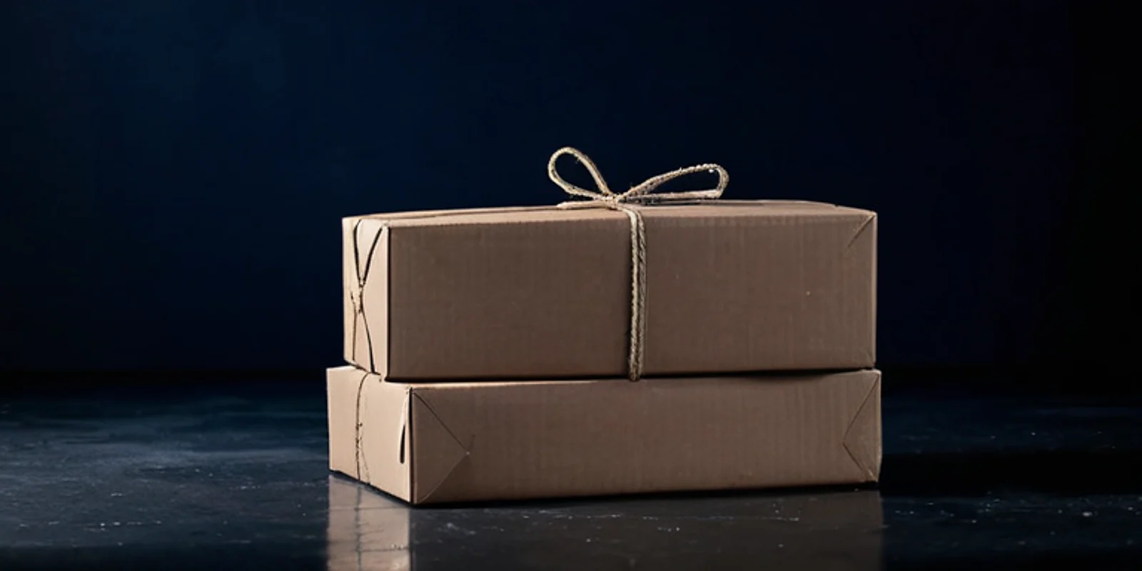 Dos paquetes lisos de papel kraft atados con cordel sobre un suelo oscuro, con luz azul fría.