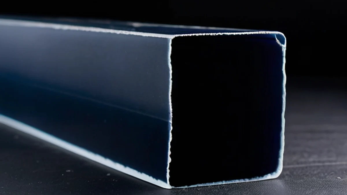 A long, hollow square glass tube lying on dark steel.