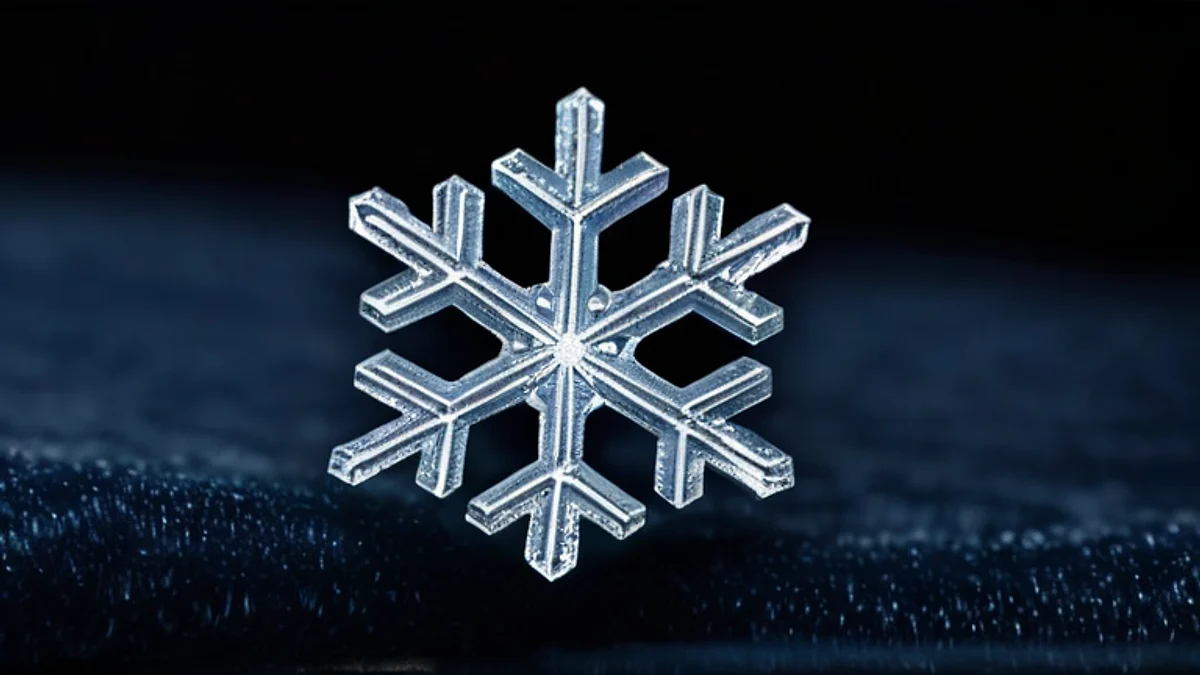 A single snowflake crystal on dark navy velvet, seen close up.