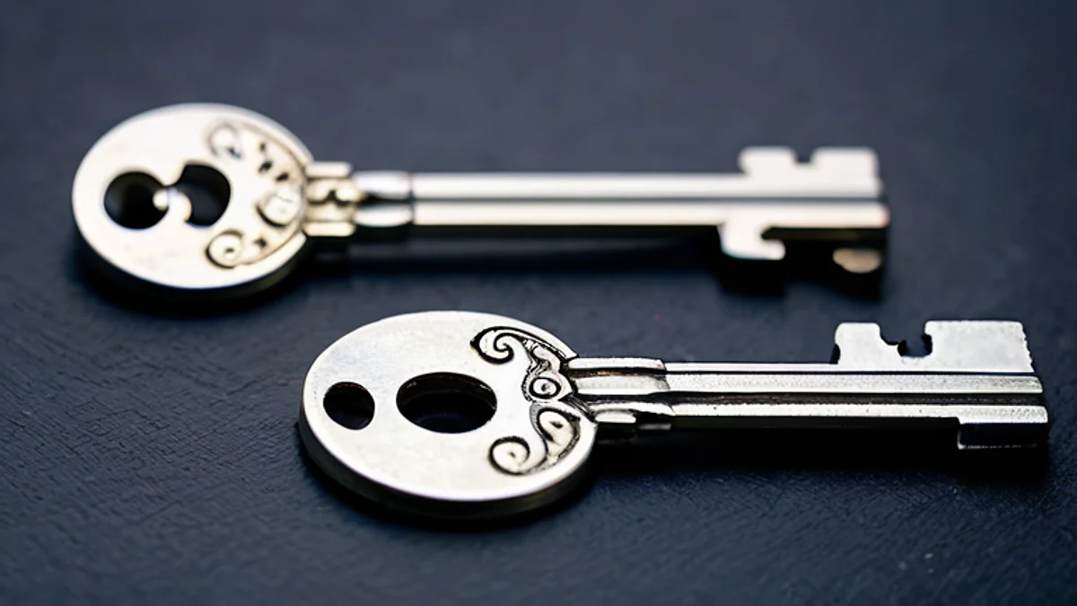 Two nearly identical steel keys lying side by side on dark slate.