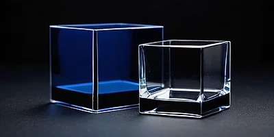 Dos cubos de vidrio, uno junto al otro sobre pizarra oscura, uno teñido de azul y otro totalmente transparente.