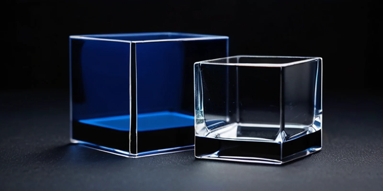 Dos cubos de vidrio, uno junto al otro sobre pizarra oscura, uno teñido de azul y otro totalmente transparente.