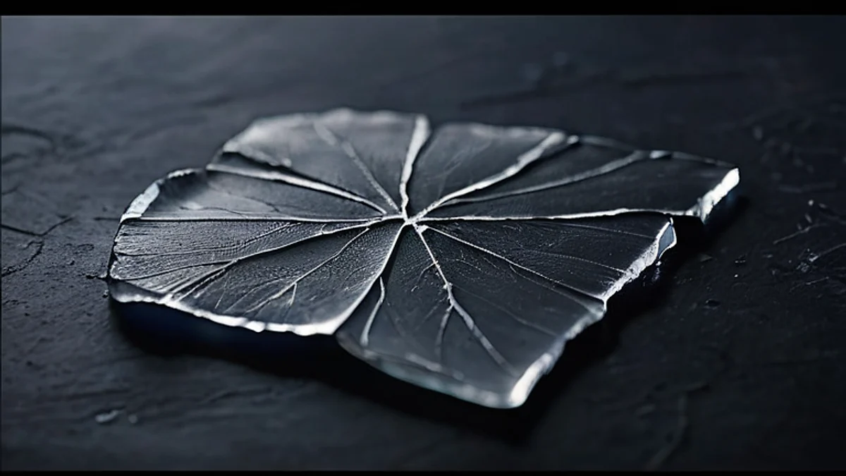 Una capa fina de hielo sobre piedra oscura, con las grietas atrapando la luz.