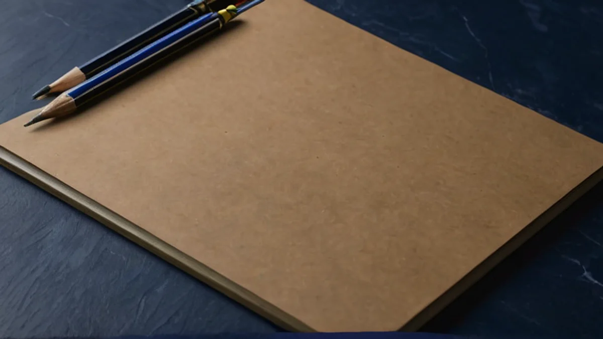Dos lápices sobre un tablero de papel kraft en blanco, encima de una superficie azul marino.