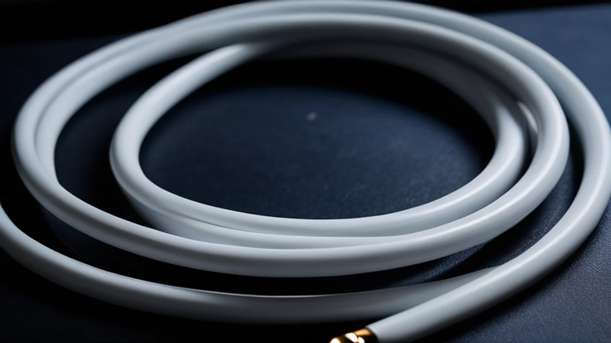 Un cable de sensor blanco enrollado sobre acero oscuro, con luz fría y suave.