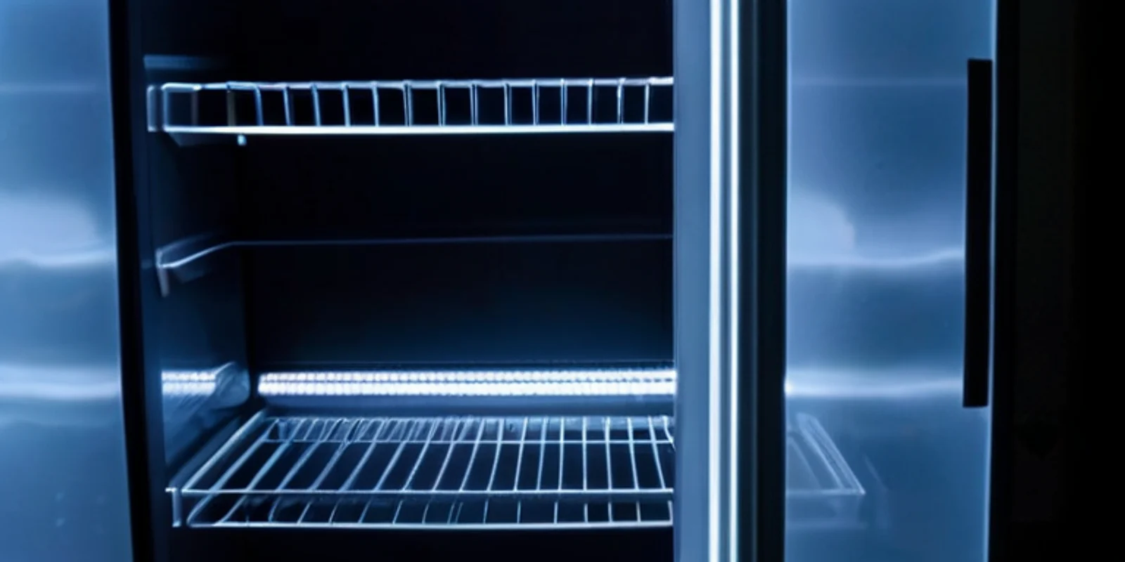 La puerta abierta de un refrigerador con estantes de vidrio vacíos que brillan con luz azul fría en una habitación oscura.