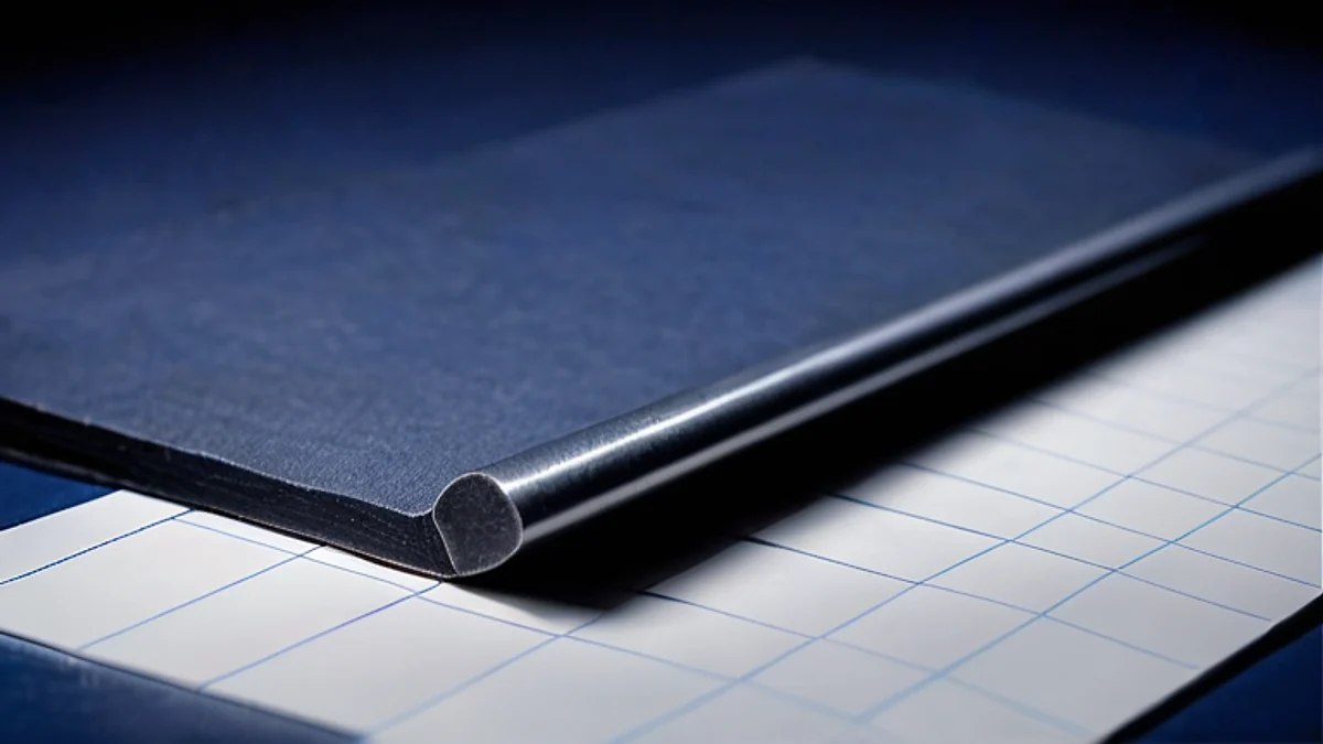 Un tablero azul marino con un borde de acero enrollado, sobre papel cuadriculado en blanco.