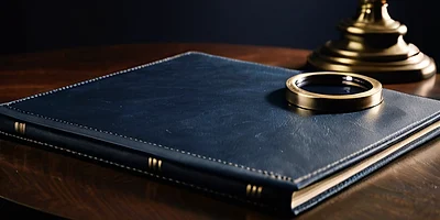 Una carpeta de cuero azul marino cerrada sobre un escritorio de madera oscura, con una lupa redonda encima junto a la base de una lámpara de latón.