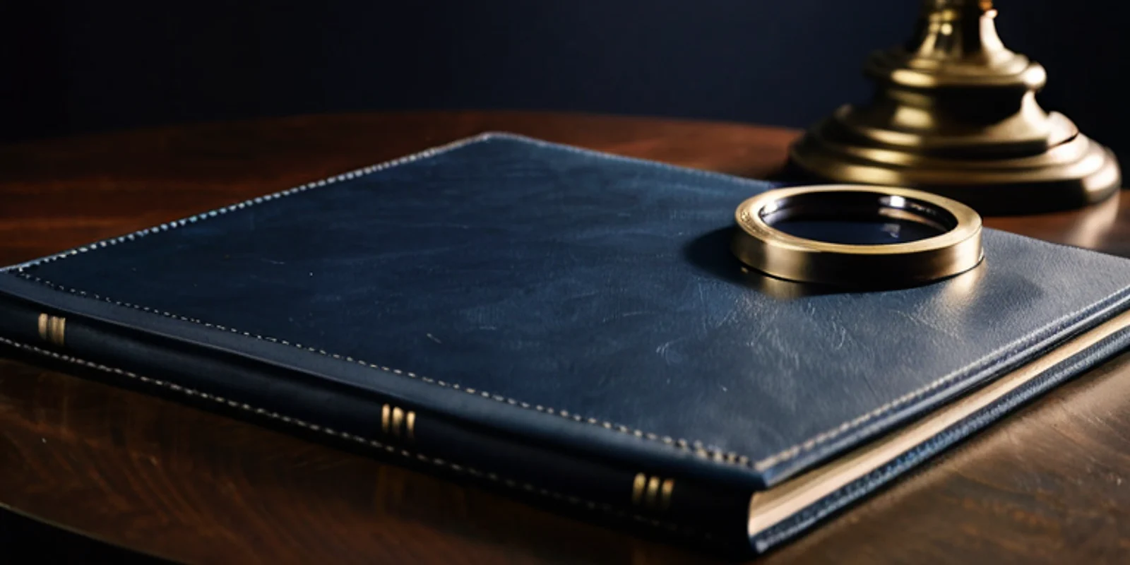 Una carpeta de cuero azul marino cerrada sobre un escritorio de madera oscura, con una lupa redonda encima junto a la base de una lámpara de latón.