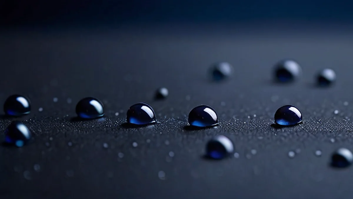 Water beading on waxed dark navy fabric, seen close up.