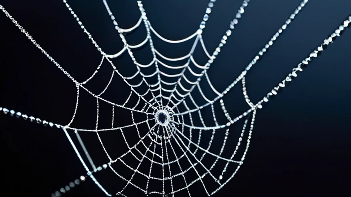 A spider web beaded with dew against a dark background.