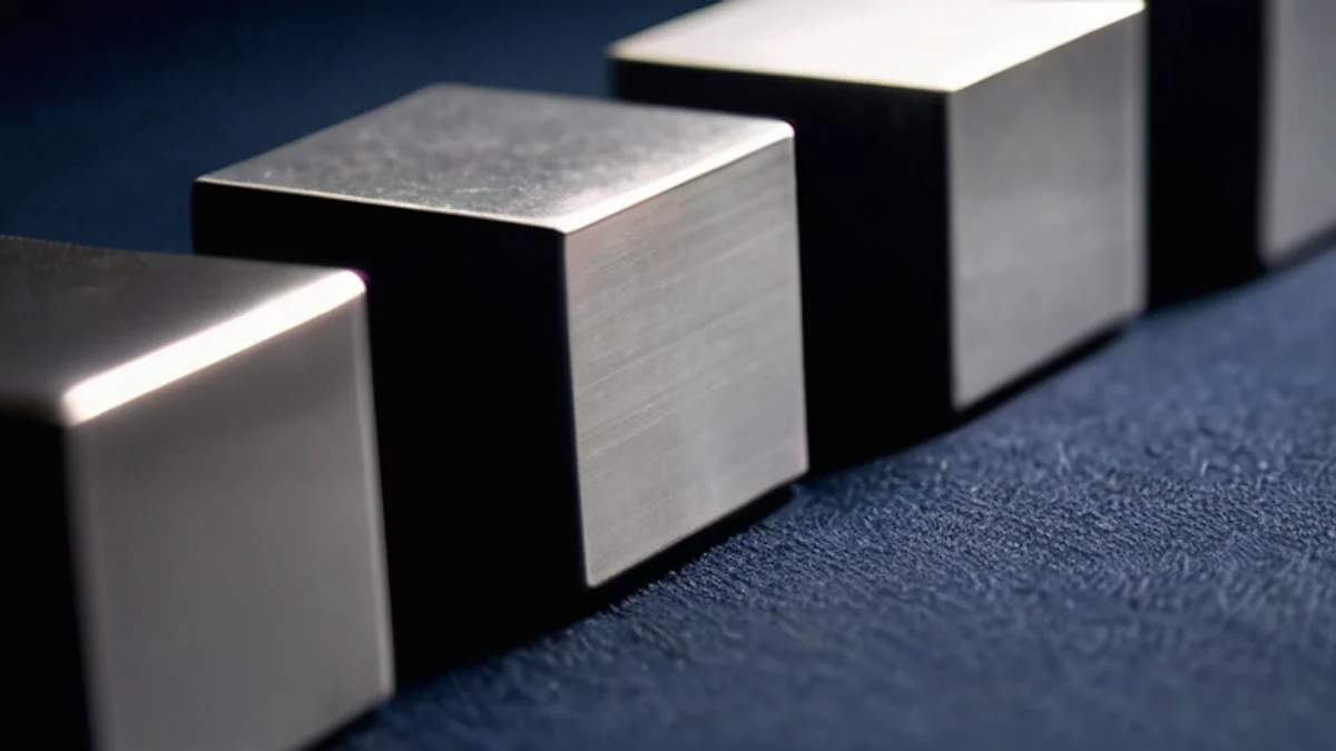 A row of smooth, unmarked polished steel blocks arranged on dark felt.
