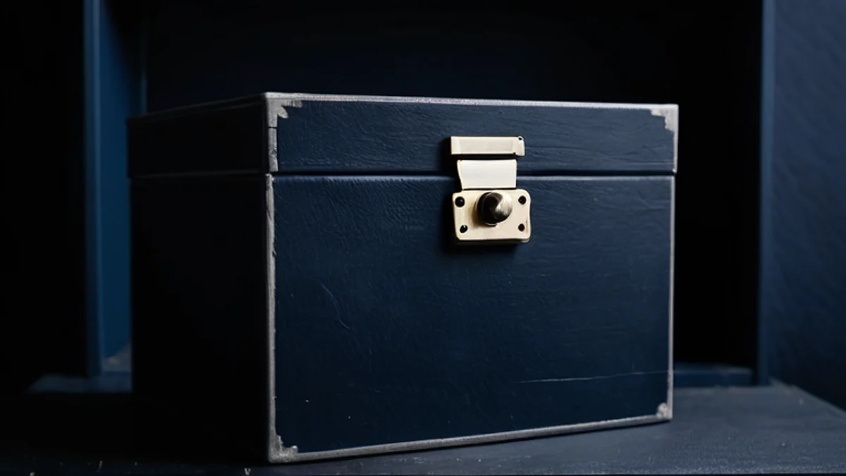 A closed navy archive box with a metal clasp on a dark shelf.
