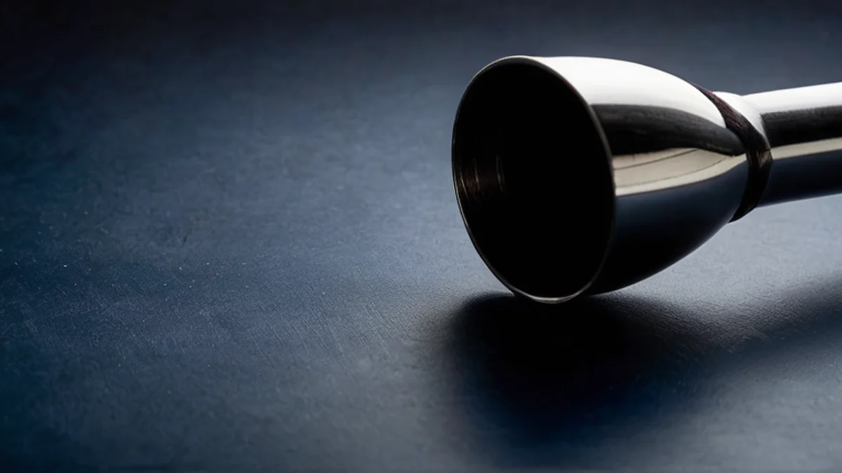 A polished steel cup-shaped scoop lying on a dark navy surface.