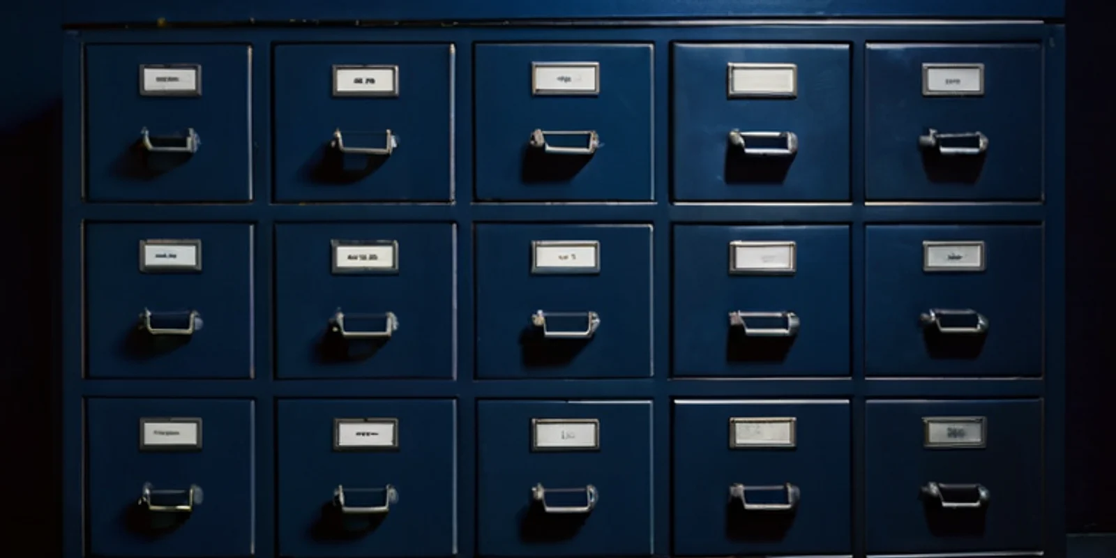 Filas de cajones de archivo azul marino idénticos, con portaetiquetas en blanco, bajo una luz fría.